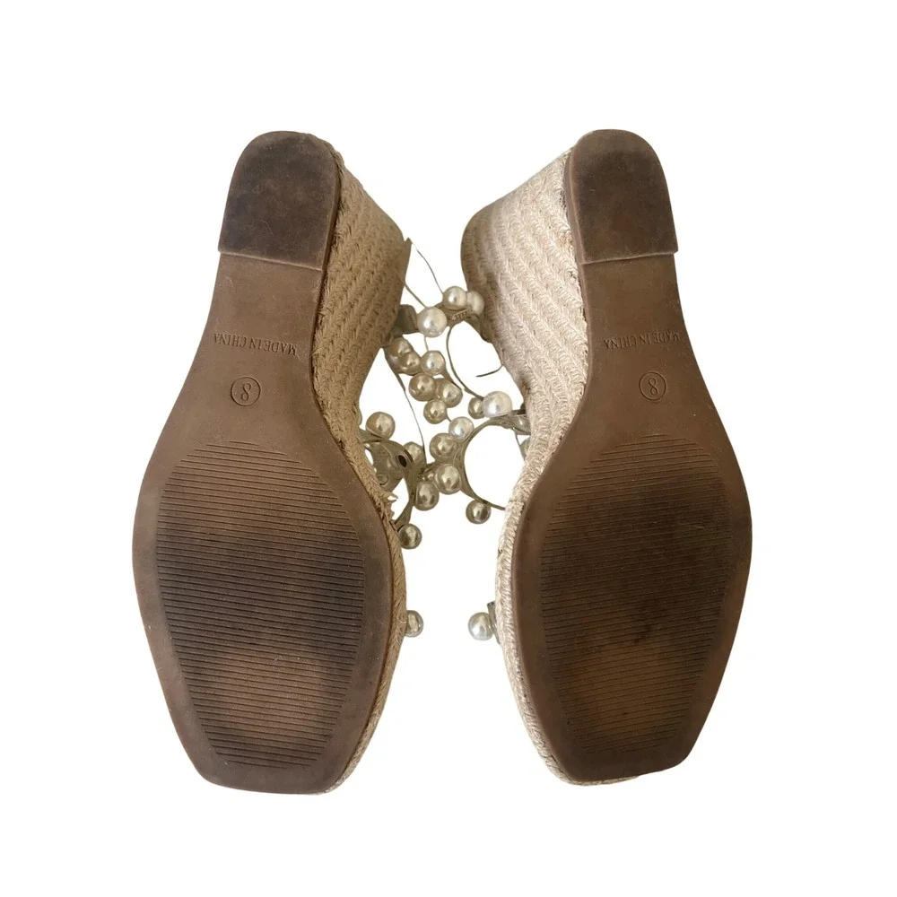 Steve Madden Pearl Embellished Clear Strap Espadrille Wedge Sandals Tan Womens 8